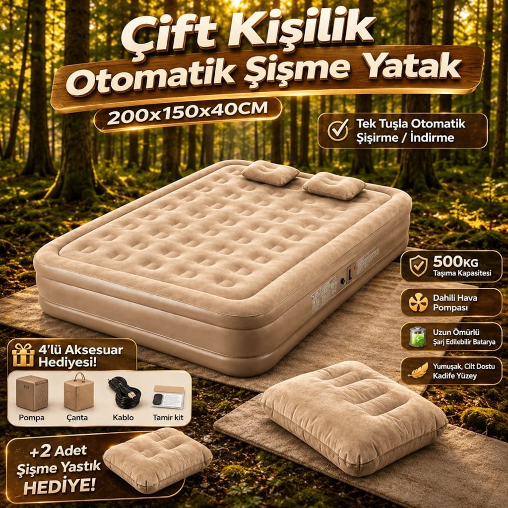 YTK-2 Çift Kişilik Şarjlı Otomatik Şişme Yatak 200x150x40 cm Dahili Po