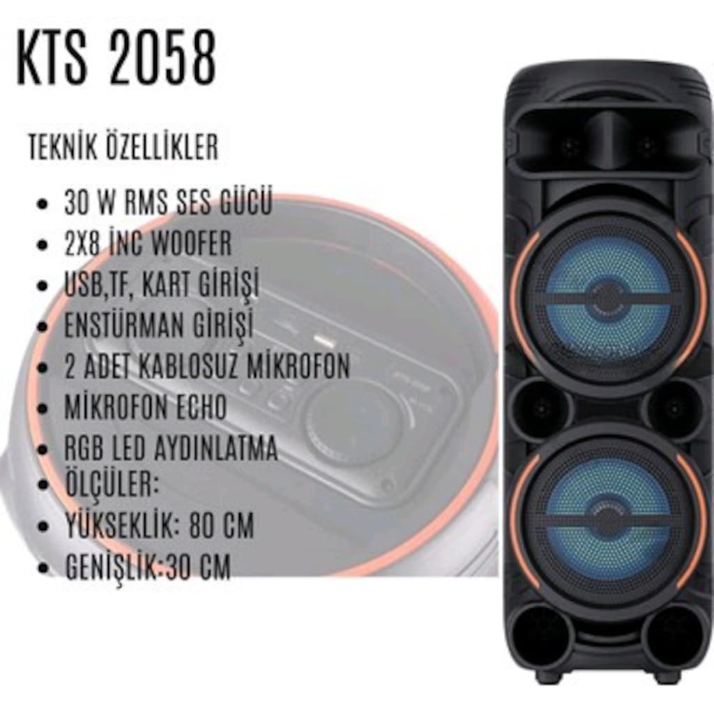 KTS-2058 - Çift Mikrofonlu 30W - 80 Cm - RGB Işıklı Bluetooth Hoparlör - 3