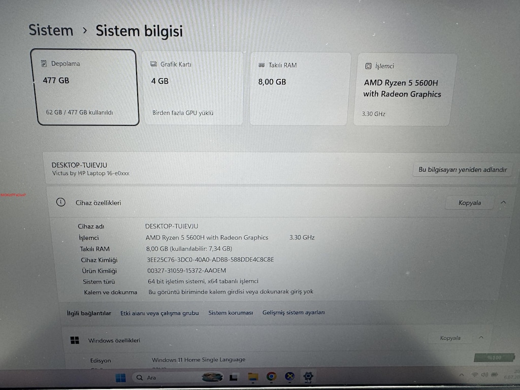 HP VİCTUS RYZEN 5 İŞLEMCİ 8 GB RAM 512 M2SSD RTX 3050 Tİ - 7