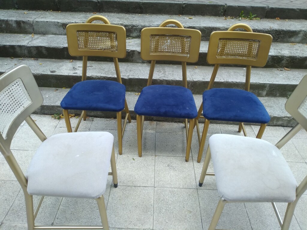 VINTAGE ESİNTİLİ: METALİK BOYALI, HASIR DETAYLI 5 ADET ŞIK SANDALYE - 4