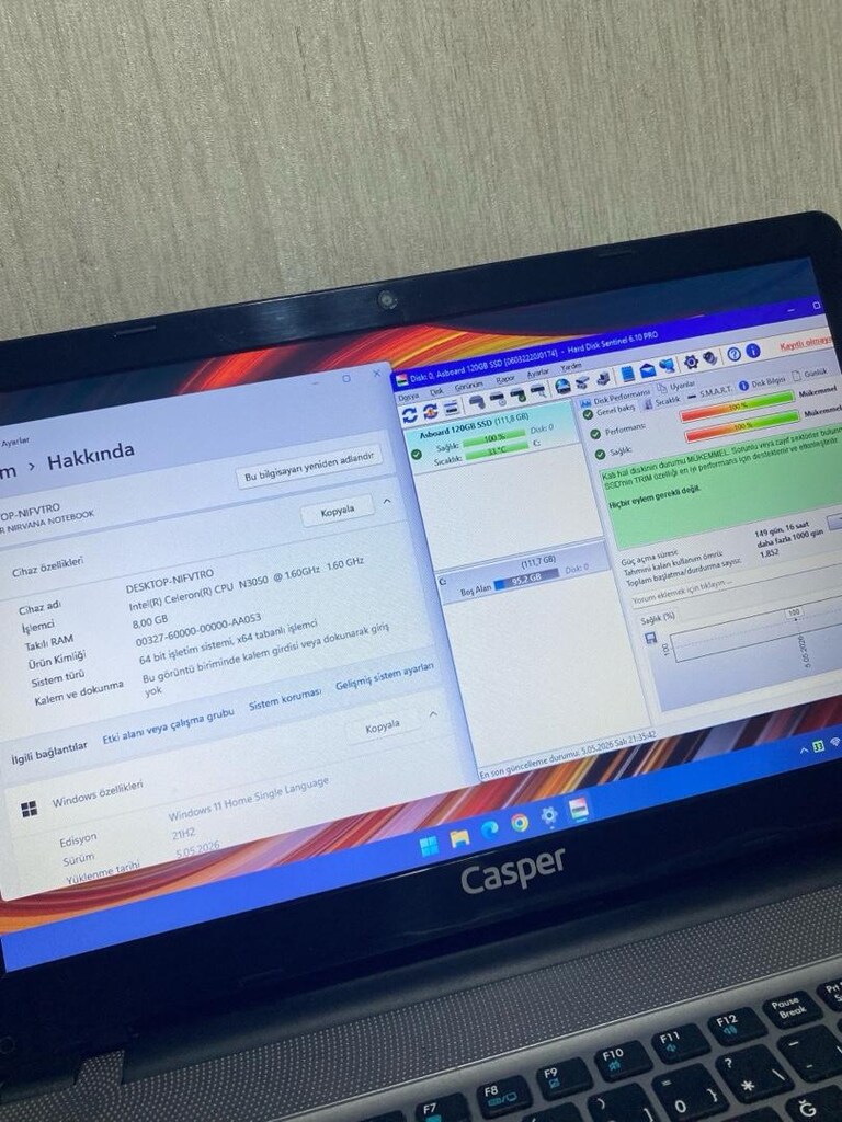 CASPER-8GB RAM-120GB SSD-YENİ NESİL-SLİM SILVER-ORİJİNAL W11-LAPTOP - 3