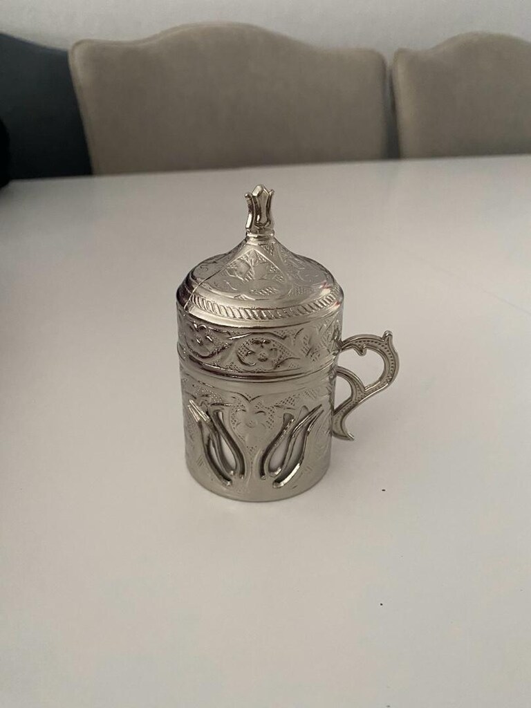 gümüş renk kahve fincan takımı ve tepsisi - 3