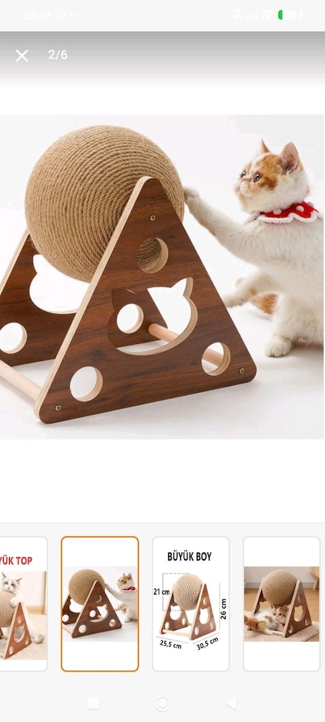 Büyük Boy XXL Hasır Kedi Tırmalama Topu | Ahşap Standlı | 26 cm - 9