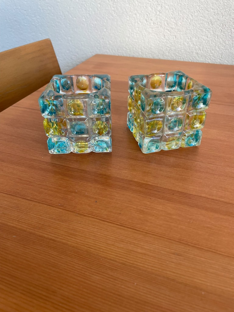 Renkli Blok Cam Tasarım Kare Mumluk / Tealight Tutucu - 2 Adet Takım - 2