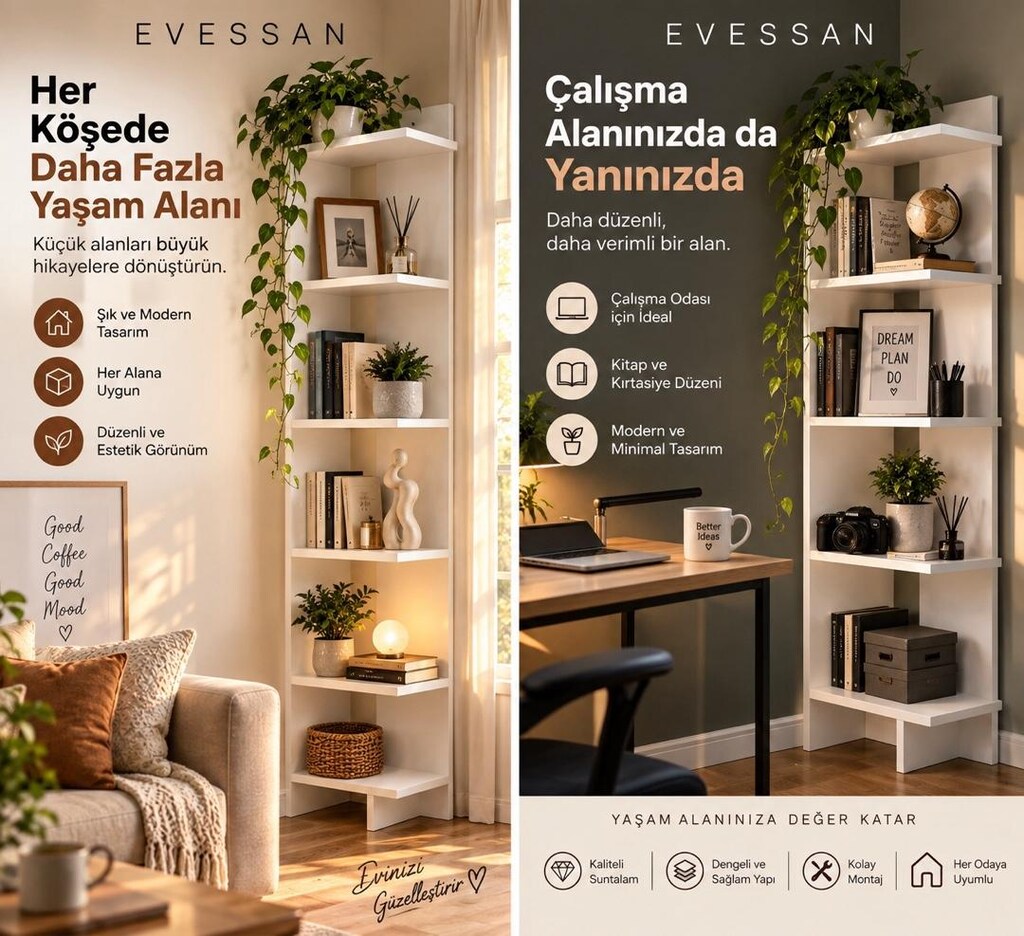 Evessan 5 Raflı Köşe Kitaplık – Dar ve Dekoratif Kitaplık – Çok Amaçlı - 3