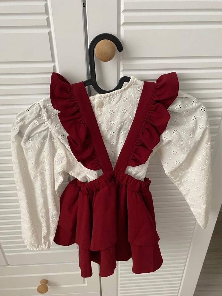 Bordo uzun kollu askılı etek bluz takım - 3