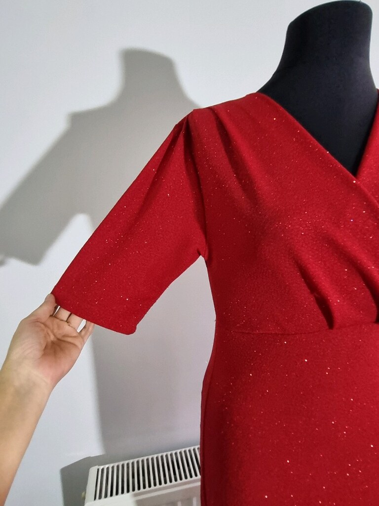 Kırmızı Parlak V Yaka Midi Abiye Elbise - 3