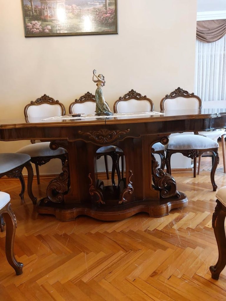 Antika Ceviz Salon Takımı Masa Sandalye Vitrin Büfe - 3