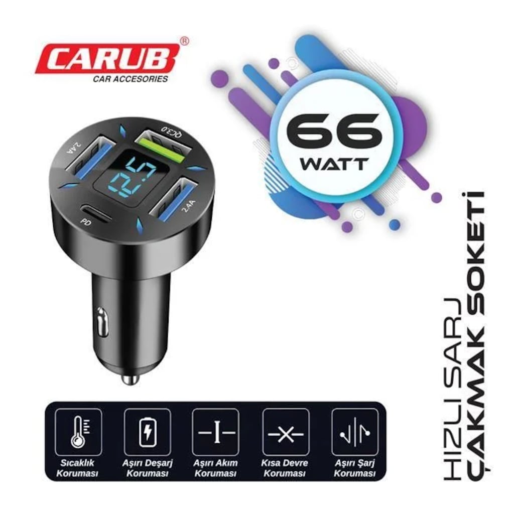 Araç Çakmak Hızlı Şarj Soketi 4in1 Digital - 2