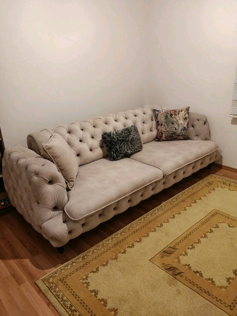 Çok Temiz Krem Renk Chesterfield / Chester Üçlü Koltuk - 3