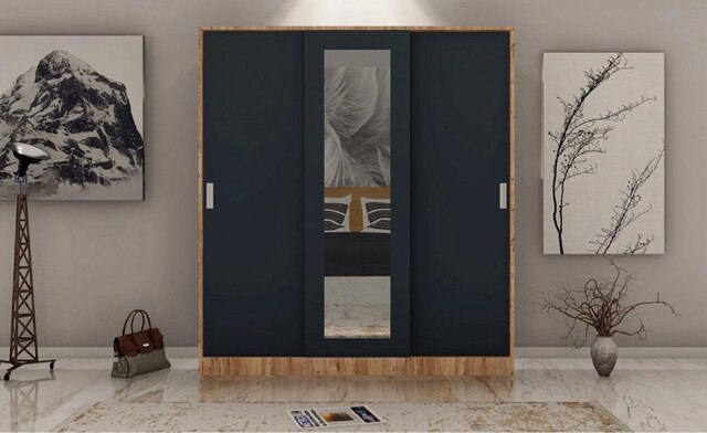 Modern Gri-Ahşap 3 Kapaklı Sürgülü Gardırop (160x180) 16 Ay Garantili