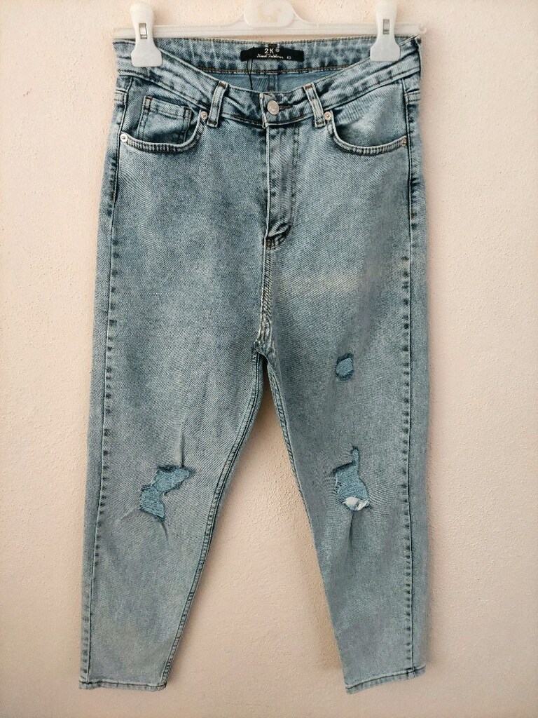 2K MOM yüksek bel yıpratma detay Jean