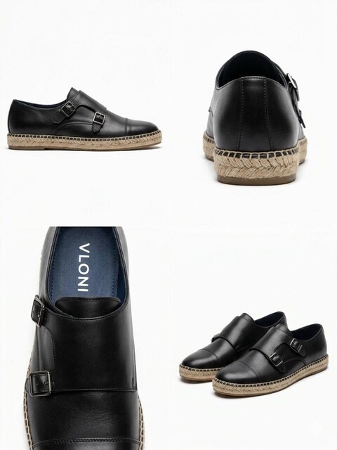 Vloni Siyah Hakiki Deri Çift Tokalı Espadril Loafer