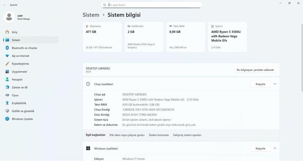 TEMİZ HATASIZ LENOVO RYZEN 5 8RAM 512SSD - 8