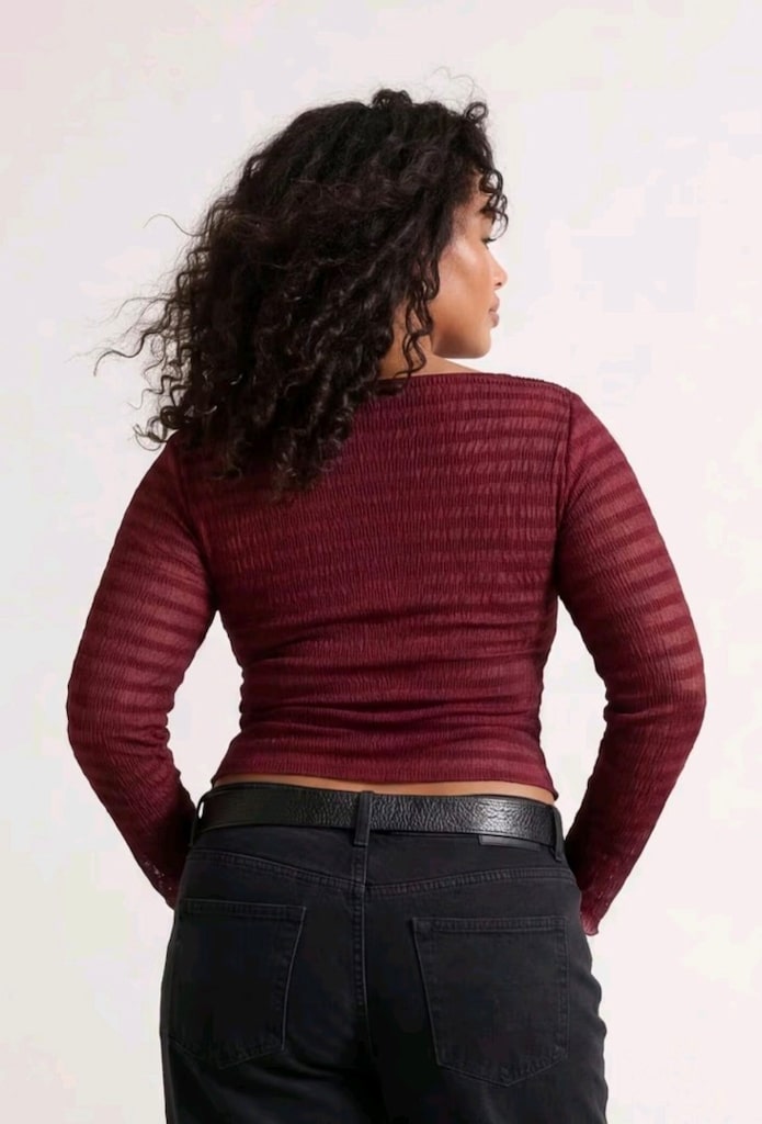 Bordo Renkli Dokulu Tül Esnek Örme Büyük Beden Bluz 4XL / 48 - 2