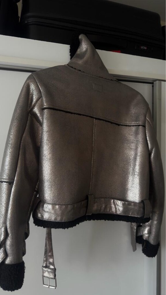 Metalik Gri Kısa Biker Ceket - 2