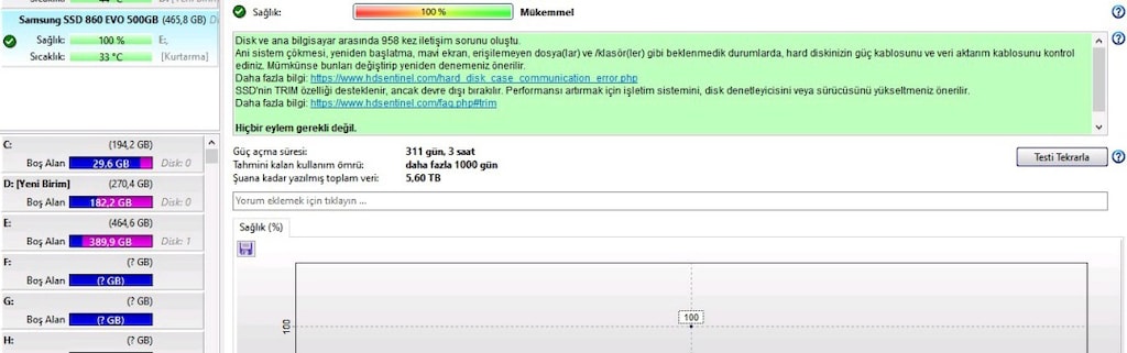 Samsung 500 GB SSD 860 Evo. sağlık 100 - 3