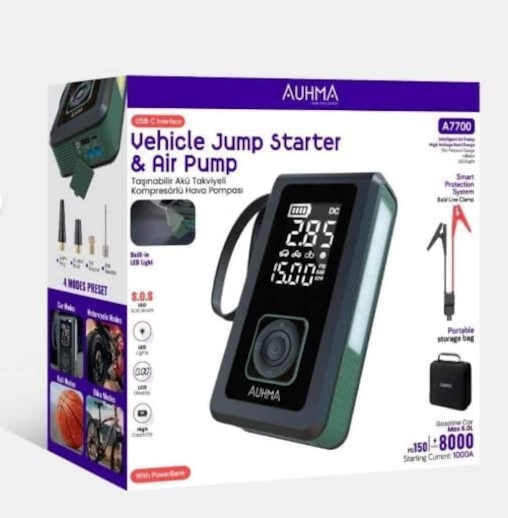 Auhma A7700 4'ü 1 Arada Akü Takviye, Şarjlı Hava Pompası 8.000 MAh