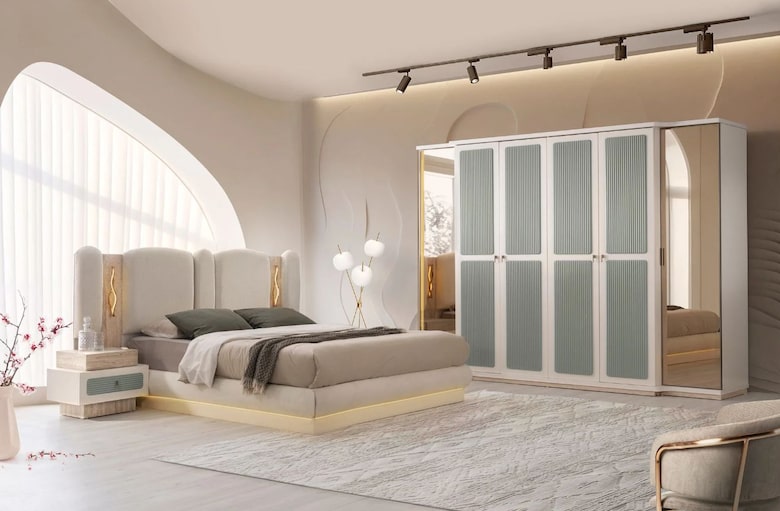 Sıfır, %100 MDF , 6 Kapılı Gardırop - Aytaşı , Traverten, TURKUAZ - 7