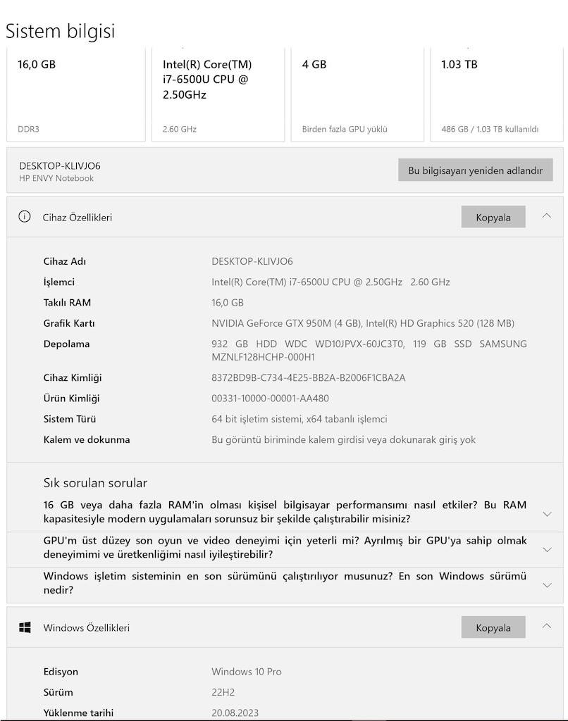 HP Envy 15 i7-6500U 16GB RAM GTX 950M 4GB 128GB SSD + 1TB HDD TEMIZ - 3