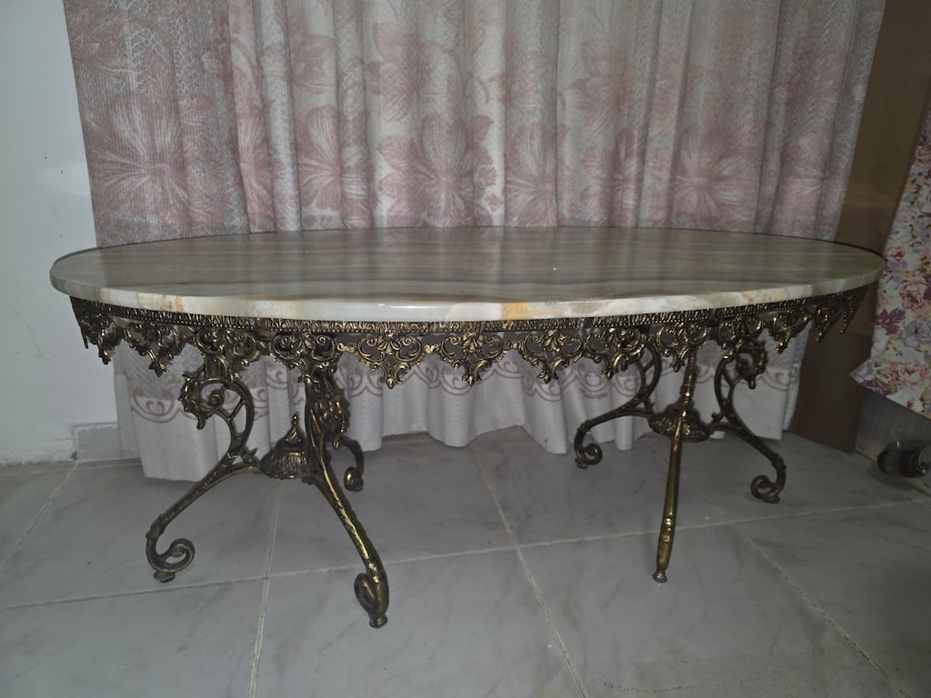 Antika / Vintage Pirinç Döküm Gövdeli Oniks Mermer 3'lü Sehpa Takımı - 2