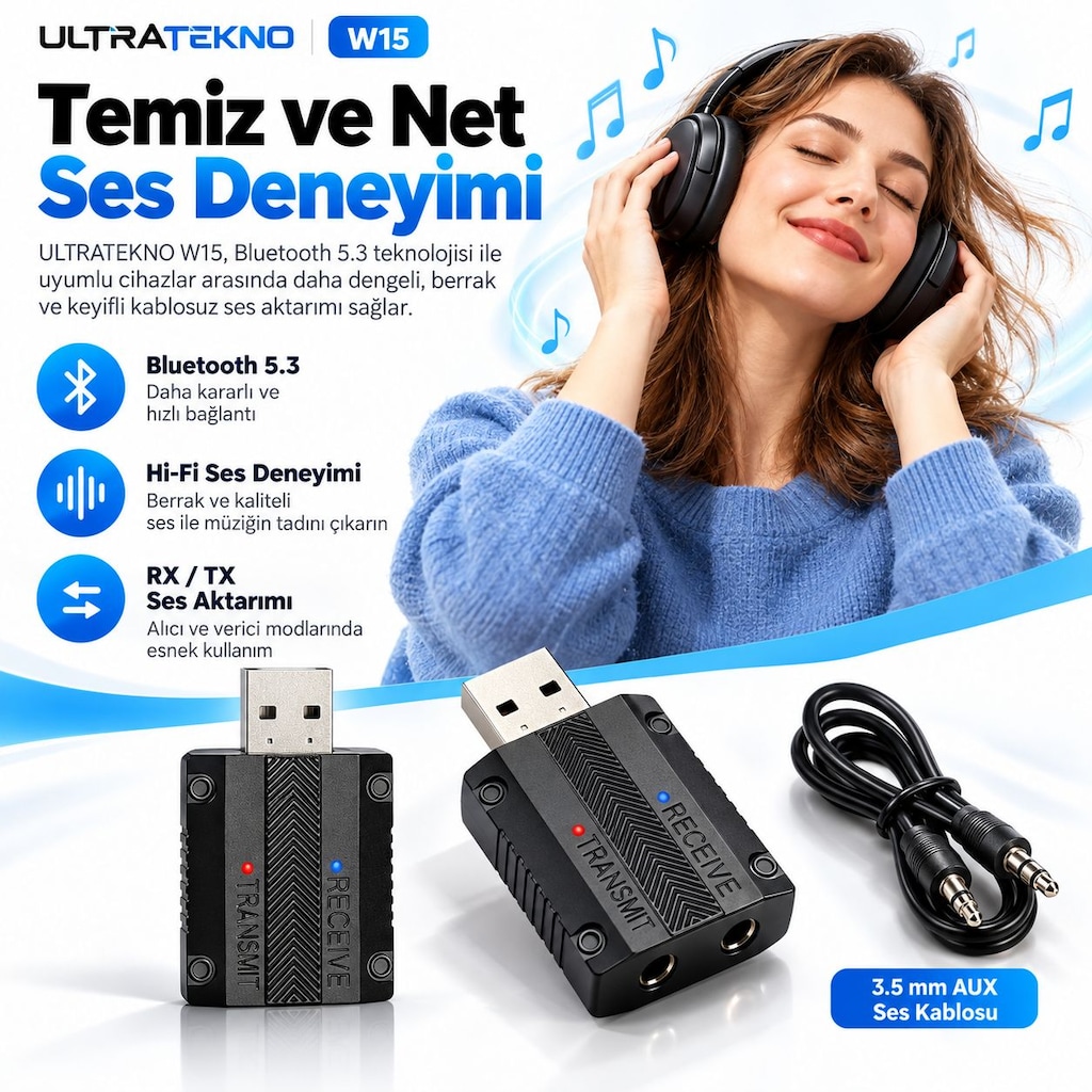 W15 Bluetooth 5.3 AUX Alıcı Verici RX TX Araç TV PC Ses Adaptörü - 6