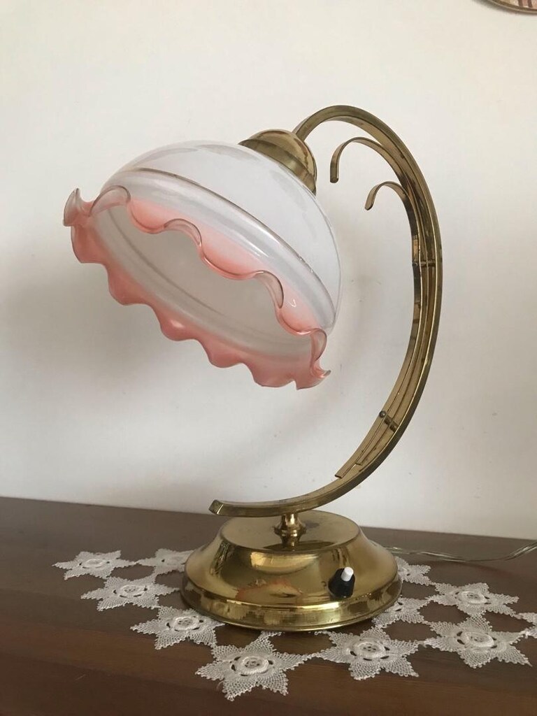 Vintage opalin camlı pirinç abajur masa lambası - 8