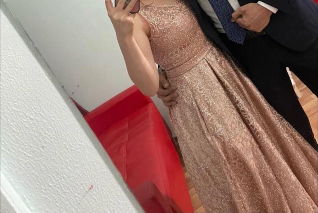 Nişanlık düğünlük simli elbise somon pembe - 4