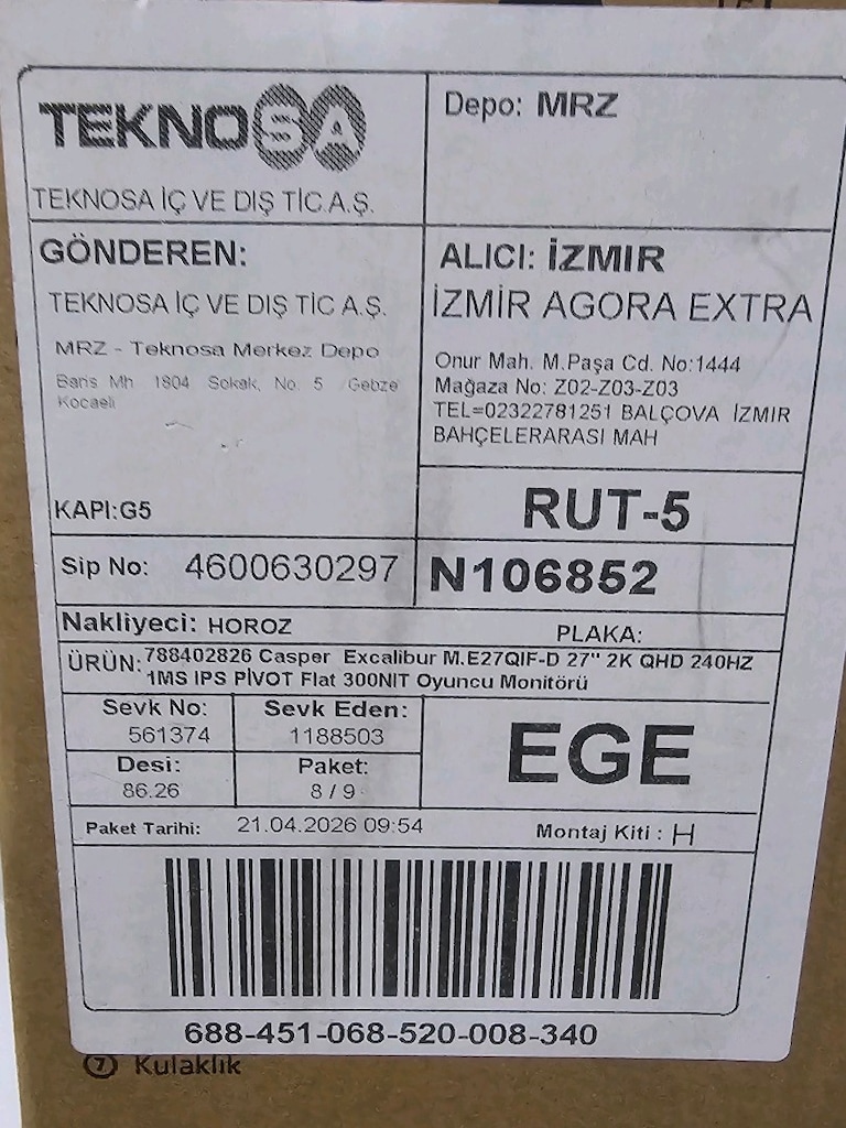 Casper Excalibur 27" 1 ms 2K Pivot IPS 240 Hz Oyuncu Monitörü - 2