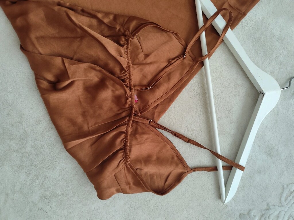 KAHVE TABA İP ASKILI SATEN MİDİ ELBİSE S zara mango koton - 3