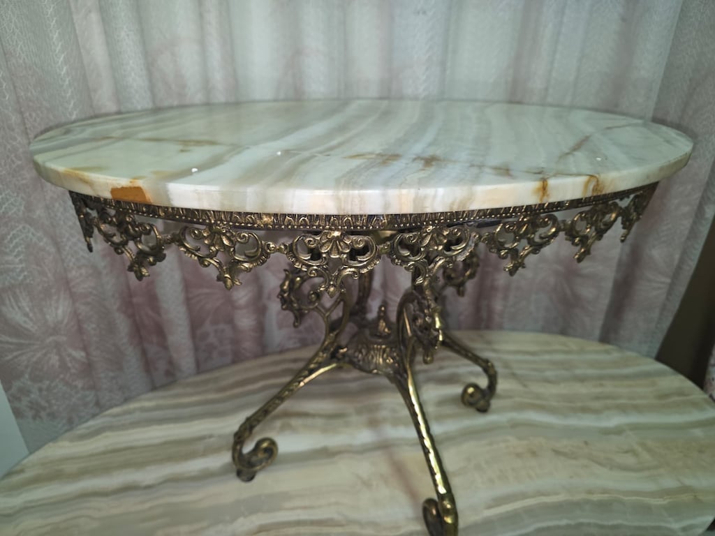 Antika / Vintage Pirinç Döküm Gövdeli Oniks Mermer 3'lü Sehpa Takımı - 5