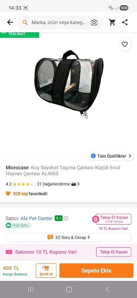 KUŞ SEYAHAT TAŞIMA ÇANTASI KÜÇÜK EVCİL HAYVANLAR İÇİN ÇANTA - 4