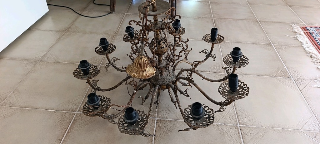 Antika vintage yalı veya büyük salon sarı pirinç 10 kollu avize - 3