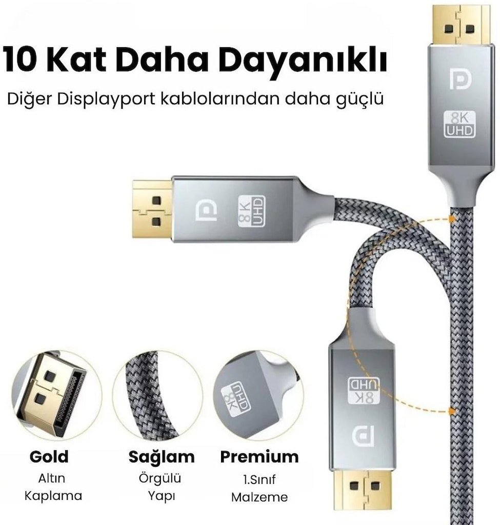 1.5 Metre 8K Çözünürlük Destekli DisplayPort 1.4 Görüntü Kablosu - 4