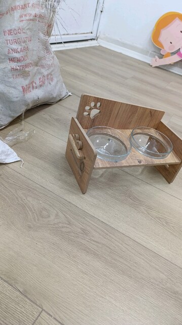 ahşap kedi köpek mama su kabı