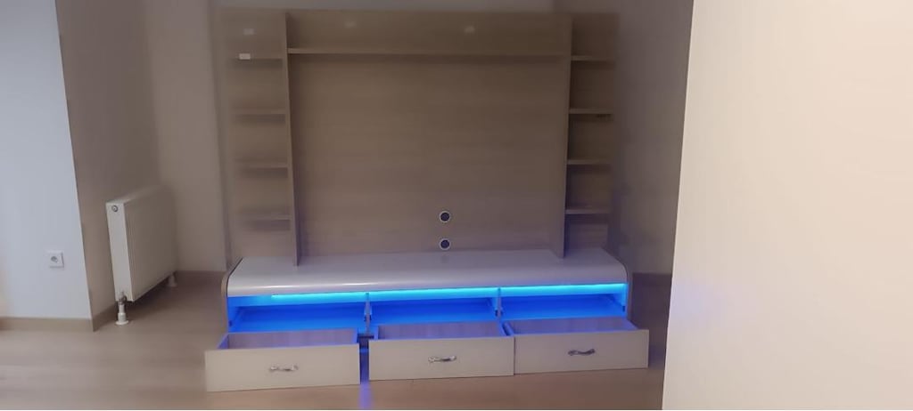 Mavi LED Aydınlatmalı Kavisli TV Ünitesi / Kitaplıklı & Çekmeceli Çok - 2