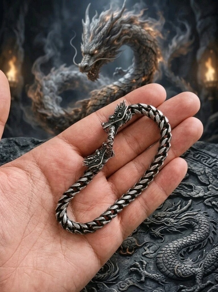 Gotik Dragonlu Çelik Zincirli Bileklik - 2