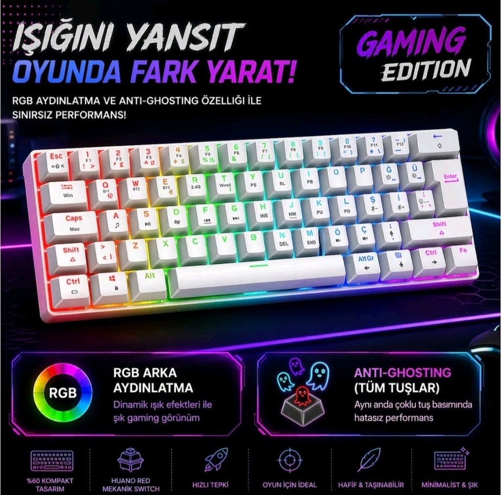 Gravion Kyra MK61 bluetooth+2.4G+kablolu mekanik gaming klavye - 3