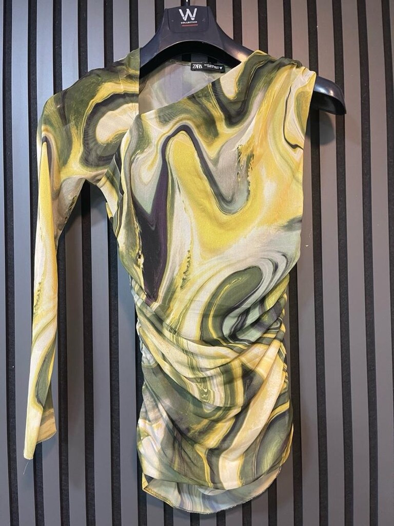 ZARA EKRU TEK OMUZ MİNİ ELBİSE