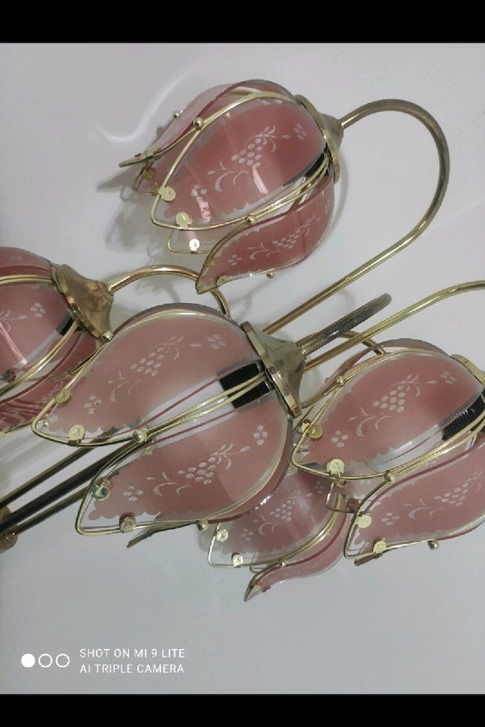 İtalyan Tarzı Pembe Camlı Antika/Vintage Lambader - 4