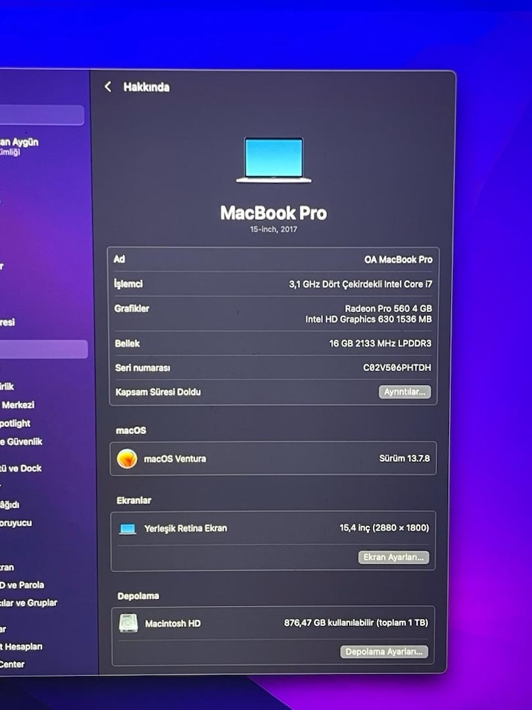 Macbook Pro 15” - 1 TB SSD - 16GB RAM - 3.1 GHZ i7 - 13