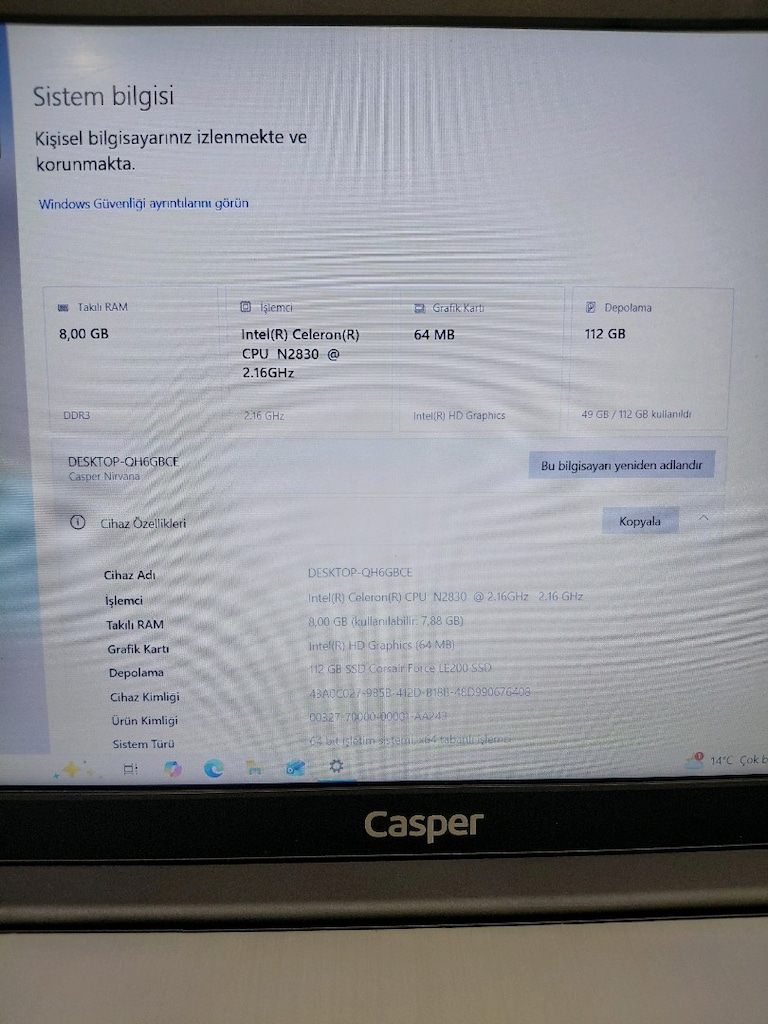 CASPER 15.6 İNÇ FHD ÇÖZÜNÜRLÜKLÜ SSDLİ TERTEMİZ LAPTOP! - 8