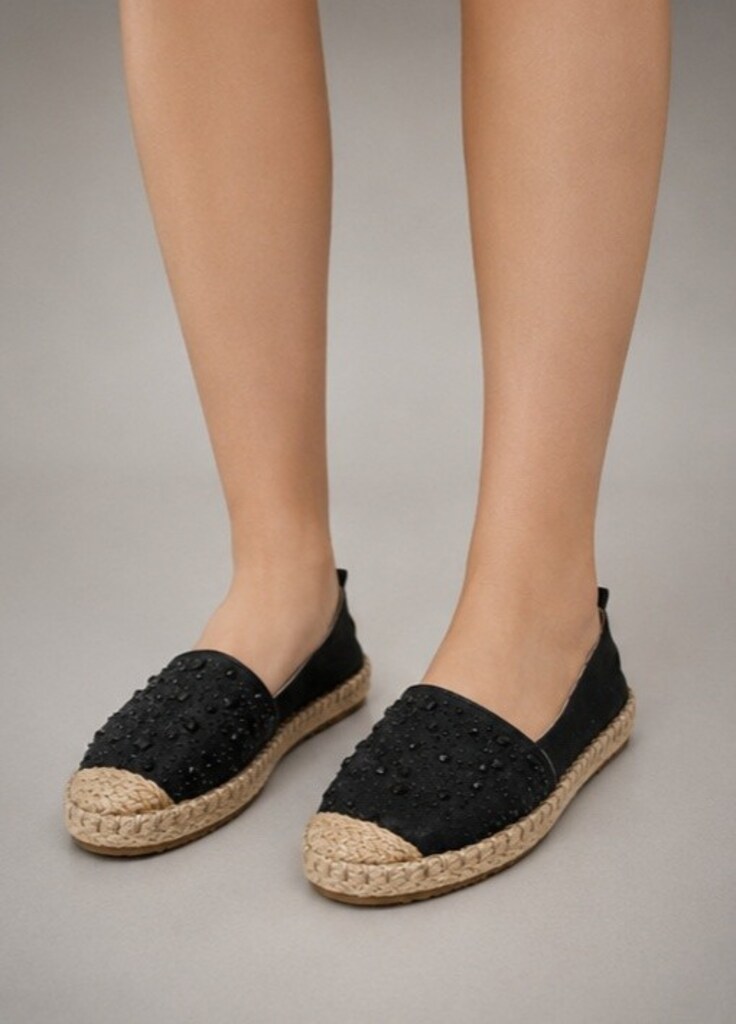 Bambi Siyah Taşlı ve Simli Espadril - 2