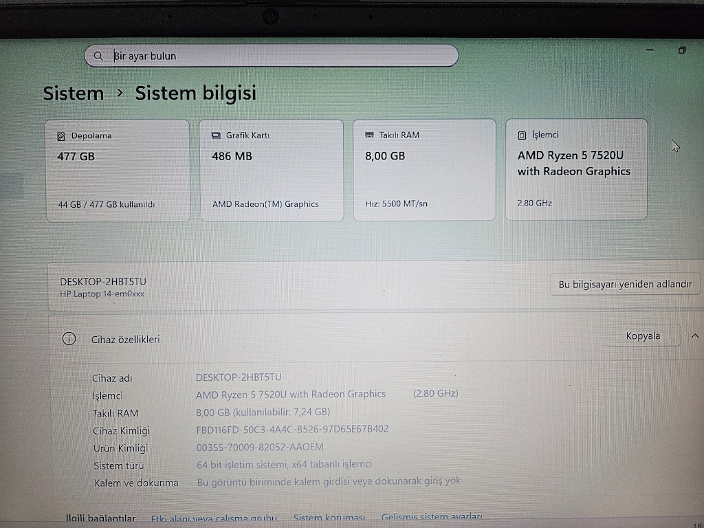HP RYZEN 5 7520U+ 500 GB SSD+ IŞIKLI KLAVYE + FULL HD EKRAN - 9