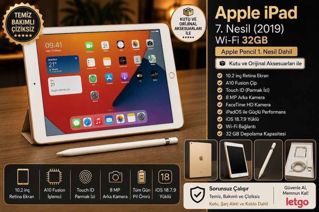 Temiz, Gold iPad 7. Nesil (2019) – Apple Pencil 1. Nesil Dahil! Kutulu