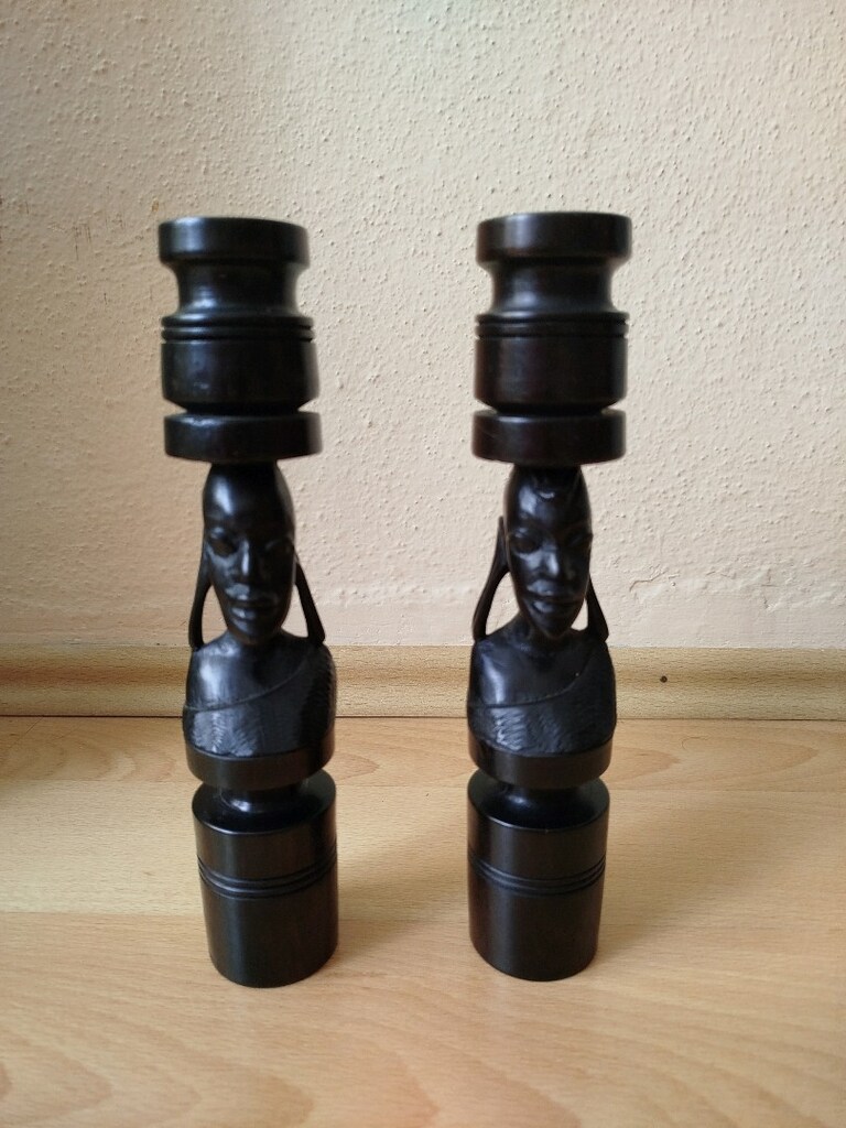 Antika El yapımı Ahşap Mumluk boy 25 cm Afrika'dan alındı iki adet - 9