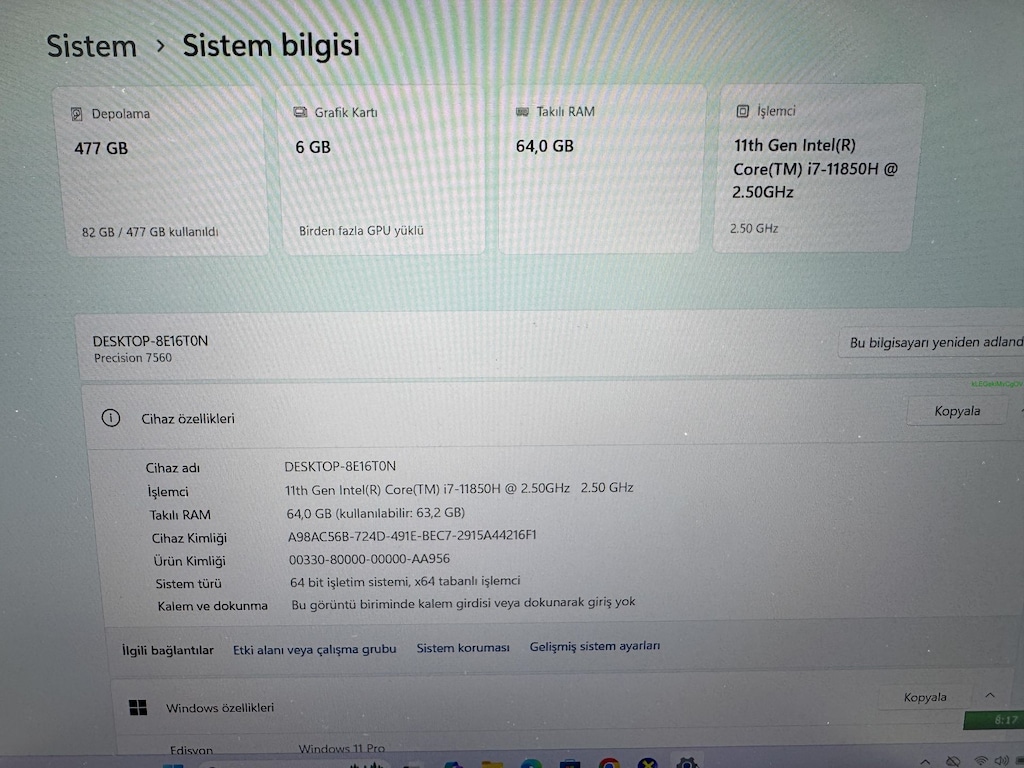 DELL İ7 11. NESİL 64 GB RAM 512 NVME QUADRO A3000 - 5