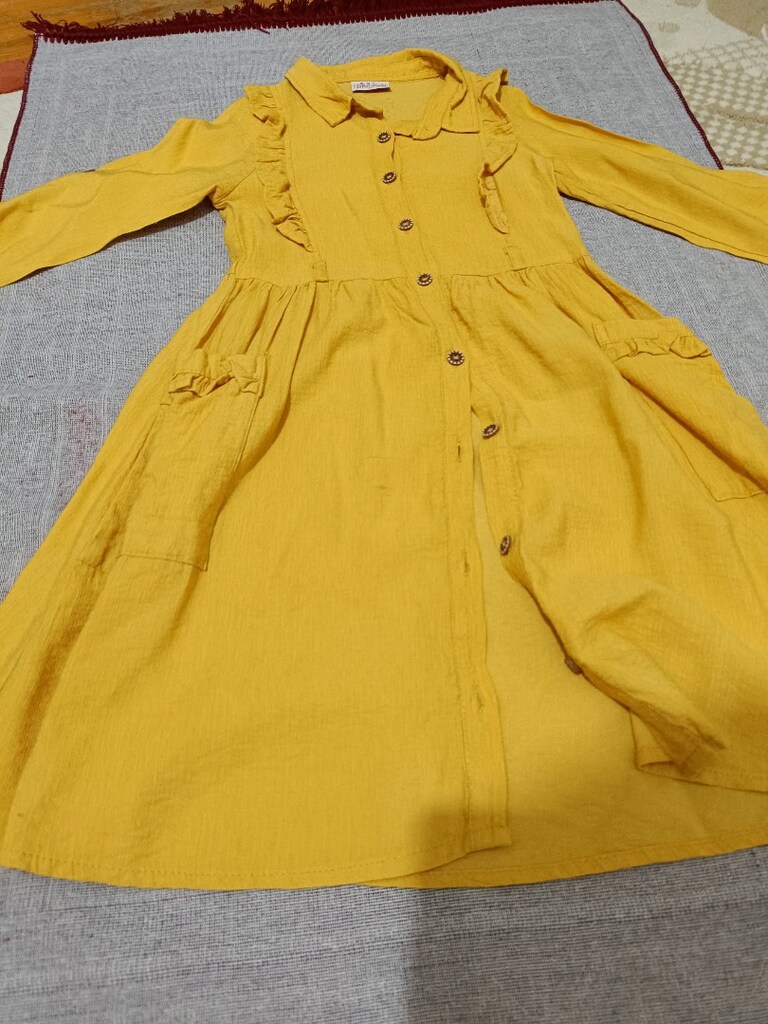 9 yaş hardal rengi kolları katlamalı cepli elbise - 2