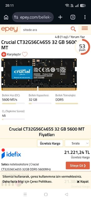 Crucial 32GB DDR5 5600MHz CL46 Laptop RAM (CT32G56C46S5) - Sıfır Ayarı