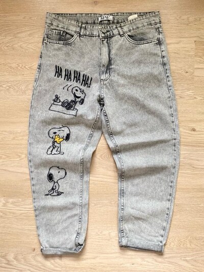 Orijinal Snoopy Baskılı Gri Jean Pantolon